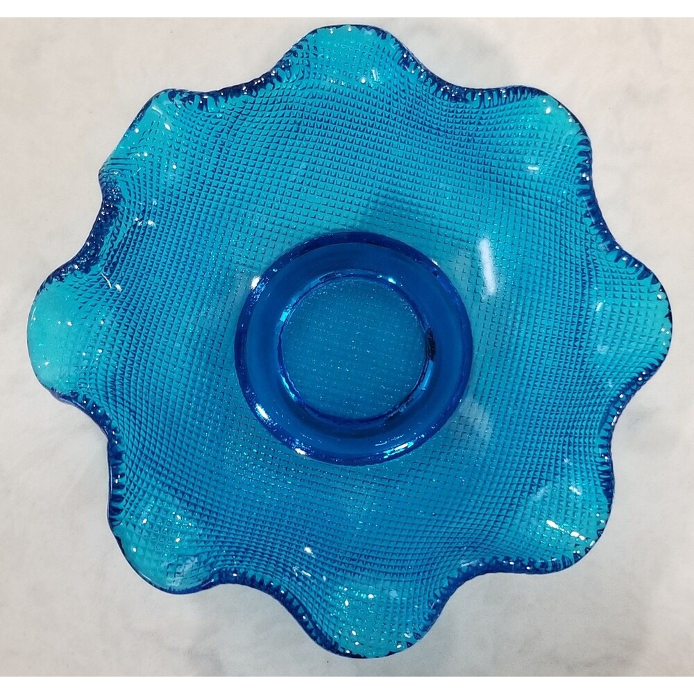 Vintage Colony Glass blue ruffled-edge waffle dessert bowl in dark blue